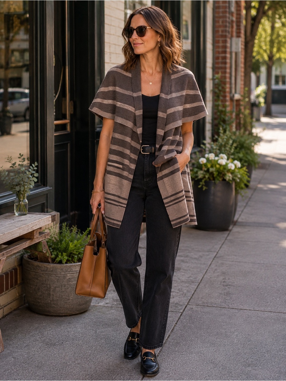 Max Studio 100% Merino Wool Brown Striped Draped Cape Cardigan Vest M